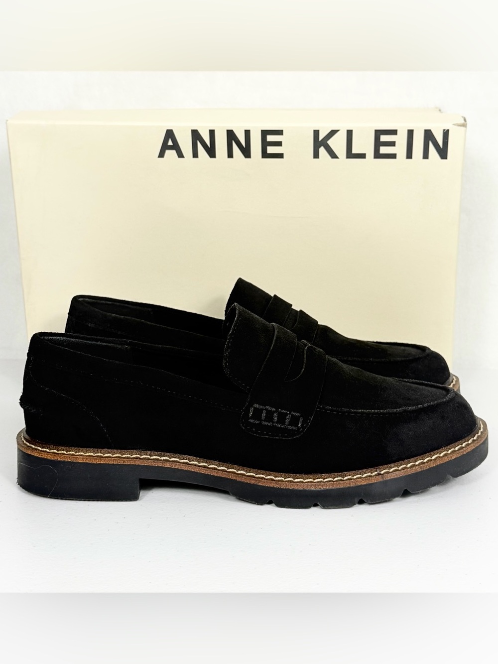 Anne Klein Everly Penny Loafers Women’s 8M Black Faux Suede Lug Sole iFlex